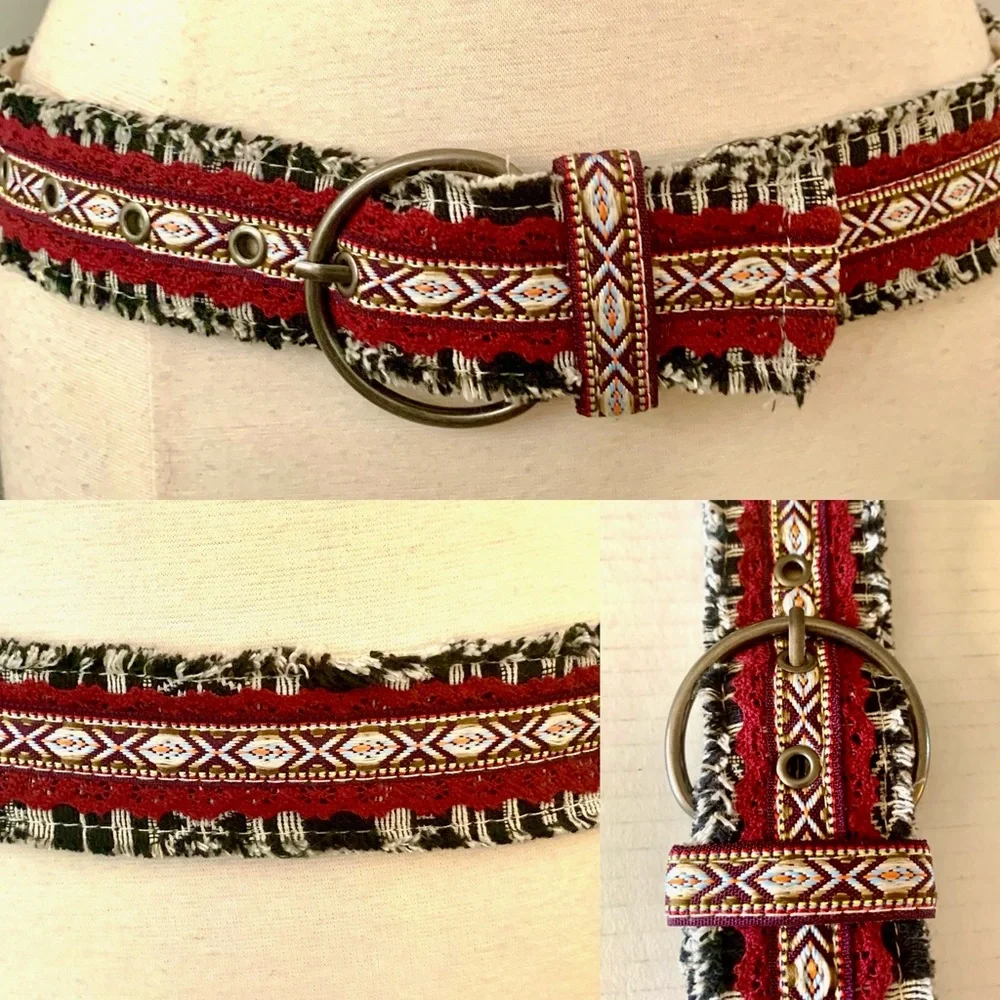 90s Aztec tribal print woven cloth fringe belt Bohemian Boho